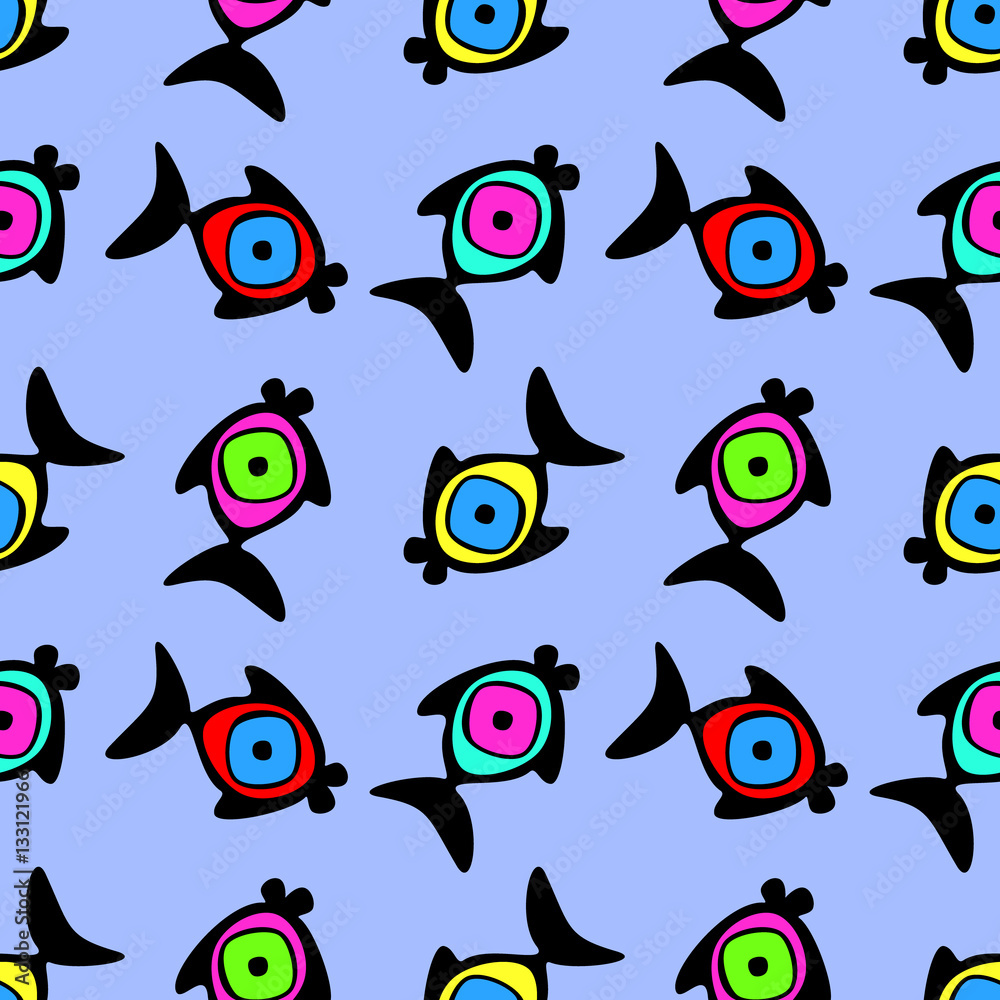 Fototapeta premium Vector seamless decorative pattern with hand drawn fish. Blue colorful background. Template for wrapping, fabric, cover, background. Series of hand drawn decorative seamless patterns.