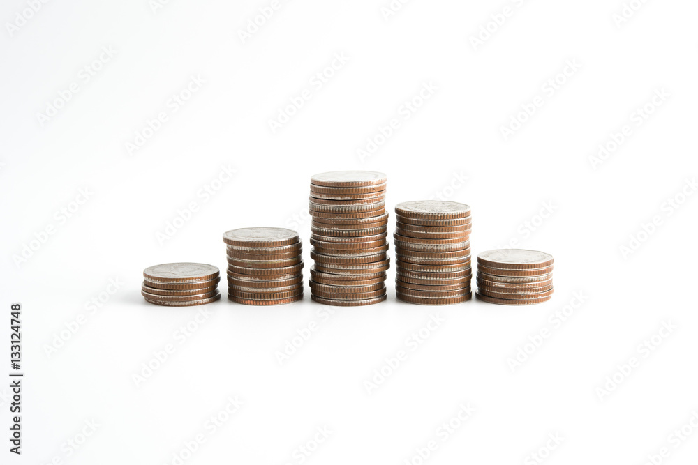 coin stacked on white background.For business growth and financial concept coin stacked on white background.For business growth and financial concept