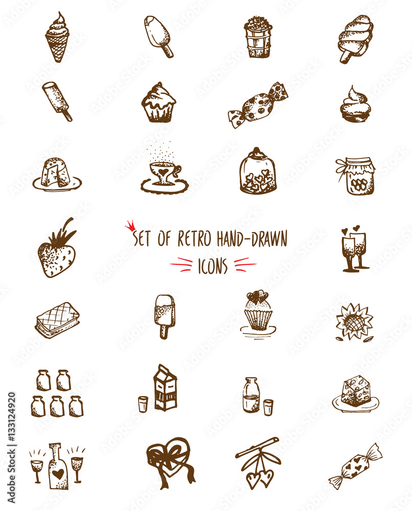 Food hand-drawn sketch line icons