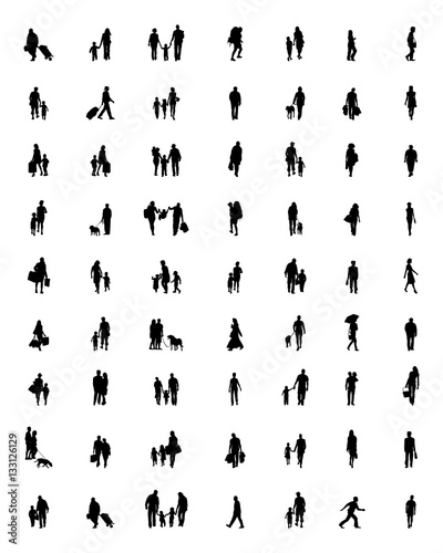 Black silhouettes of families at walking, vector