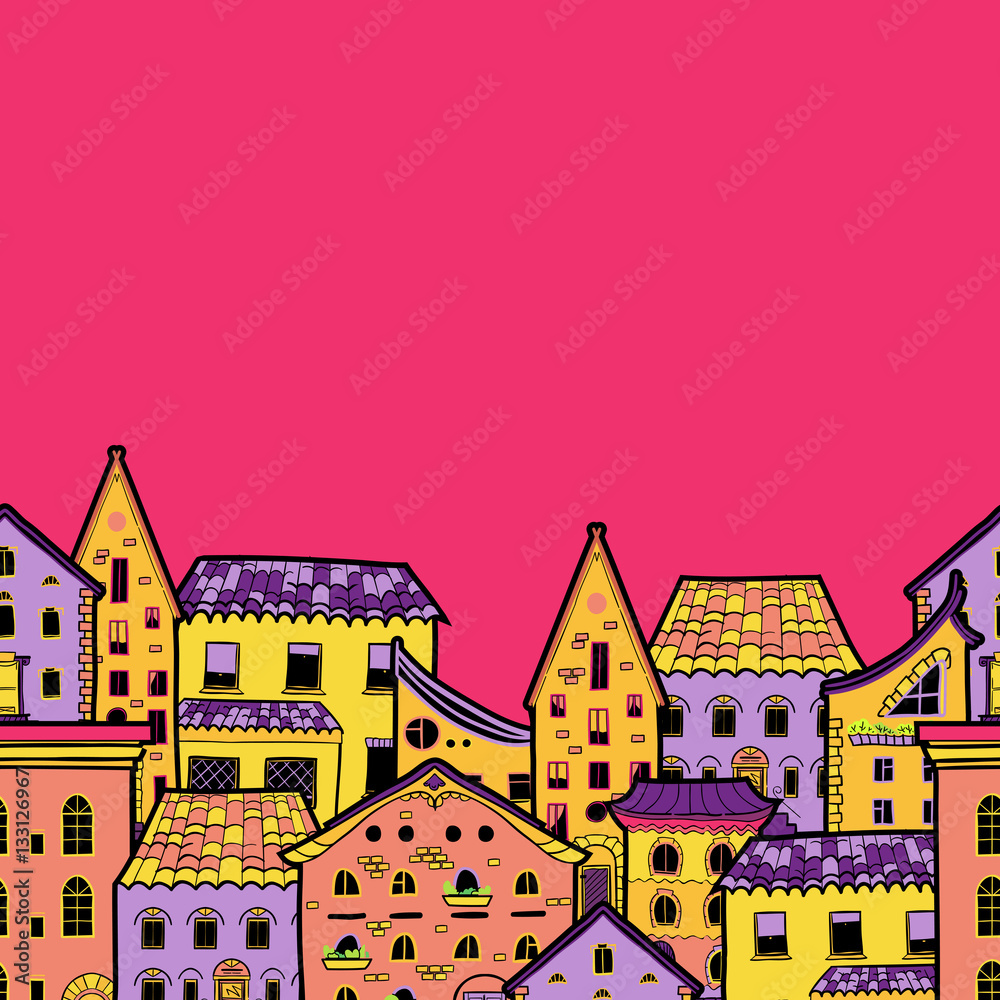 Cute seamless border made of houses in cartoon style, hand-drawn frame with place for text, can be used for invitations, postcards, flyers, cup, card, Eps 8