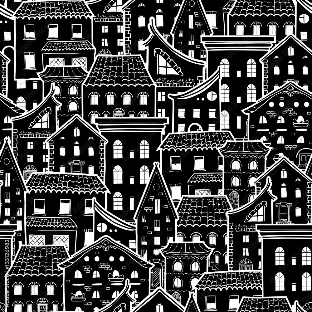 Dark seamless pattern with houses, doodle house vector background,  monochrome house wallpaper, good for design fabric, wrapping paper,  postcards, EPS 8 Stock Vector | Adobe Stock