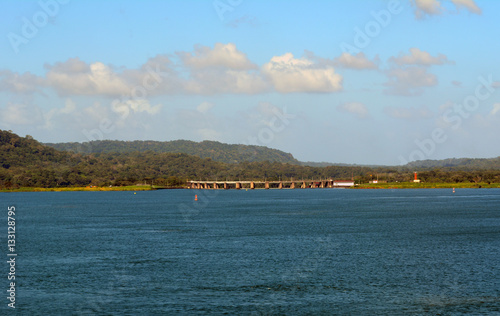 Dam in Panama/Gatun Lake in Panama with bridge and dam in the background photo