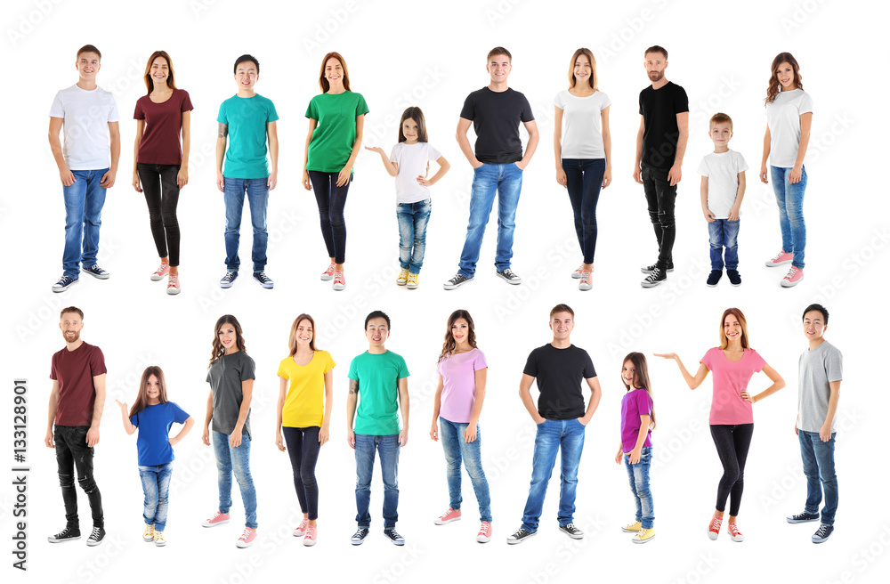 Young people wearing different t-shirts on white background