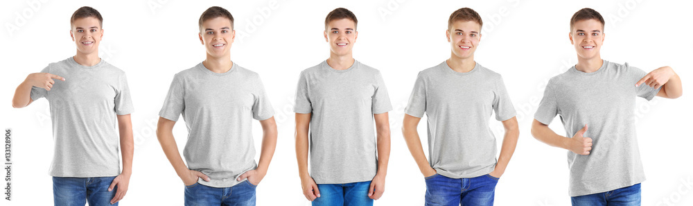 Young man wearing t-shirt on white background
