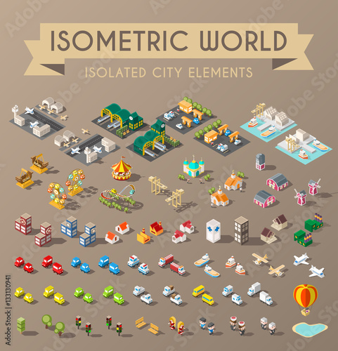 Isometric World on Dark Background. Set of Isolated Minimal City Elements.