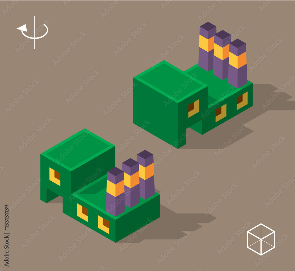 Fototapeta premium Set of Isolated Isometric Minimal City Elements. Factory with Shadows on Dark Background.