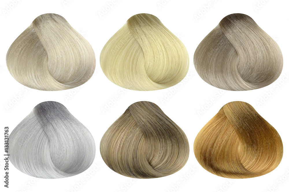 Set of locks of six different blonde hair color samples (arctic, pearl,  light ash, platinum, ash and golden blonde), rounded shape, isolated on  white background, clipping path included Stock Photo | Adobe