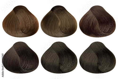 Set of locks of six different brown hair color samples (caramel, golden coffee, auburn, dark auburn, natural brown and dark chocolate), rounded shape, isolated on white background, clipping path inclu