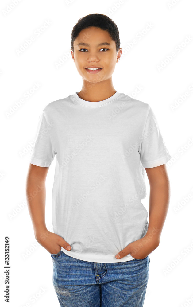 Young African American boy in blank white t-shirt standing on white background Young African American boy in blank white t-shirt standing on white background