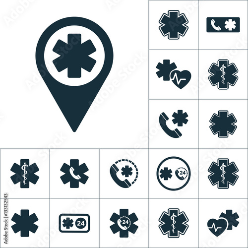 life star medical pin location icon, medical set on white backgr