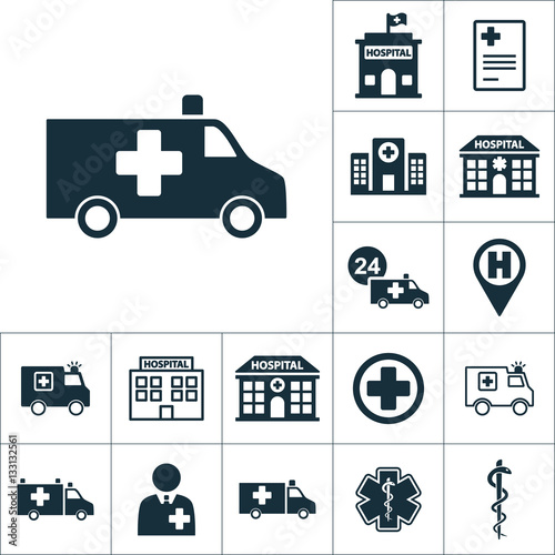 ambulance medical van icon, medical set on white background