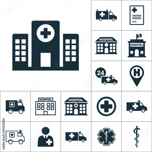 hospital building front icon, medical set photo