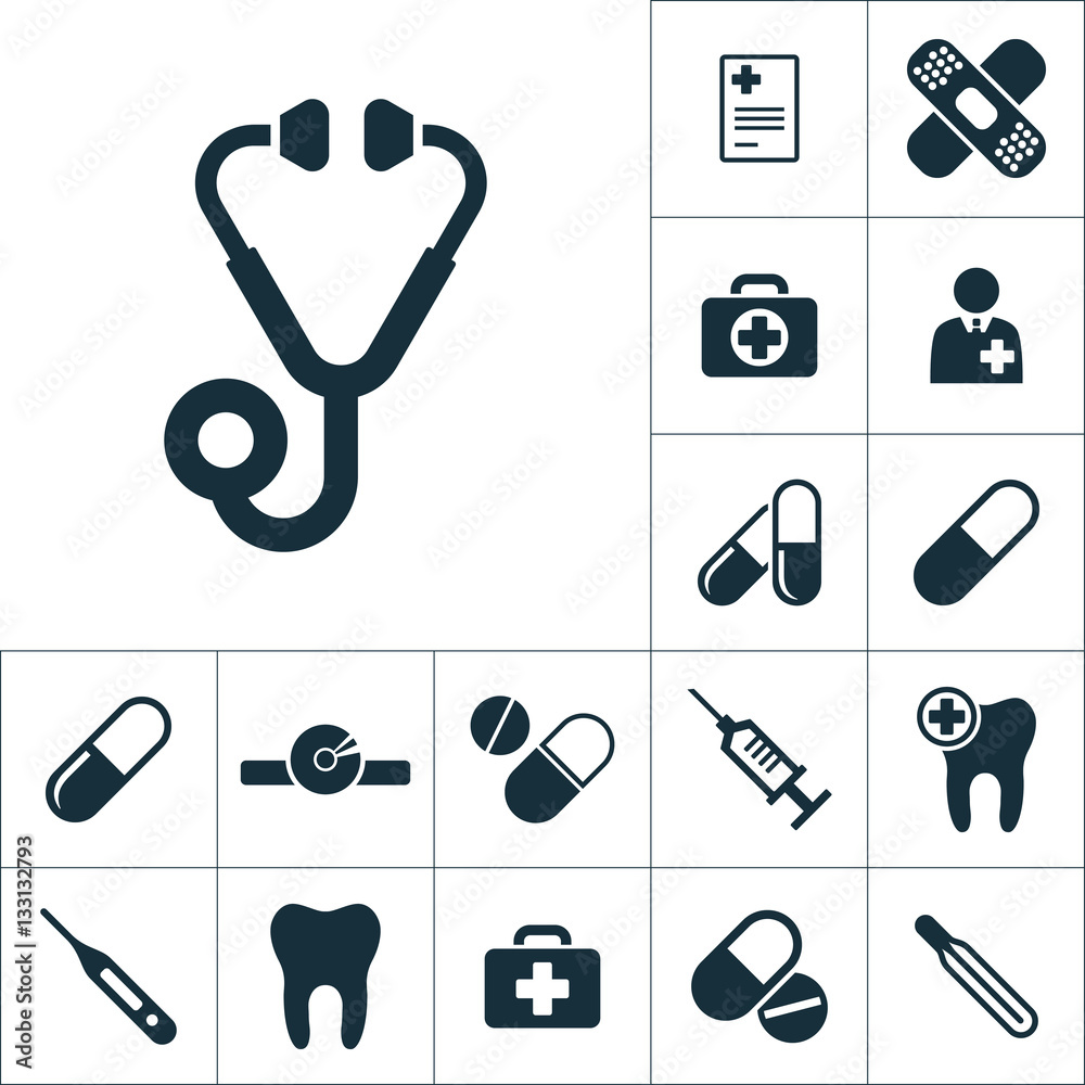 phonendoscope stethoscope icon, medical tools set on white backg