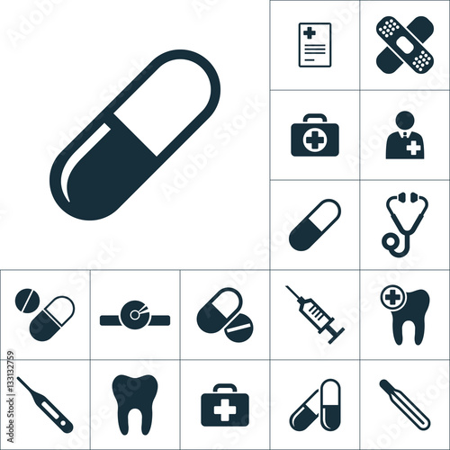 pill icon black on white background, medical tools set on white