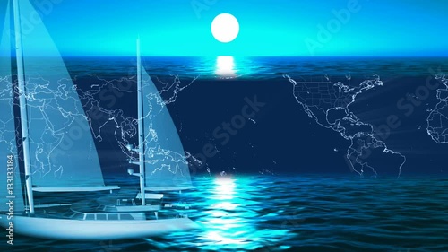 3D ocean water at night with moonlight, world map and an earth globe rotating photo