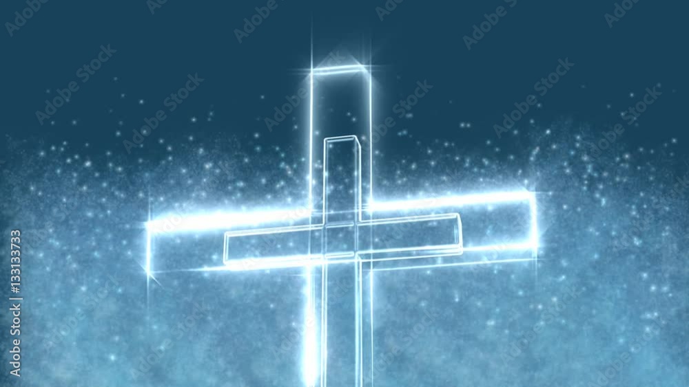 3D rotating blue glowing cross with animated particles