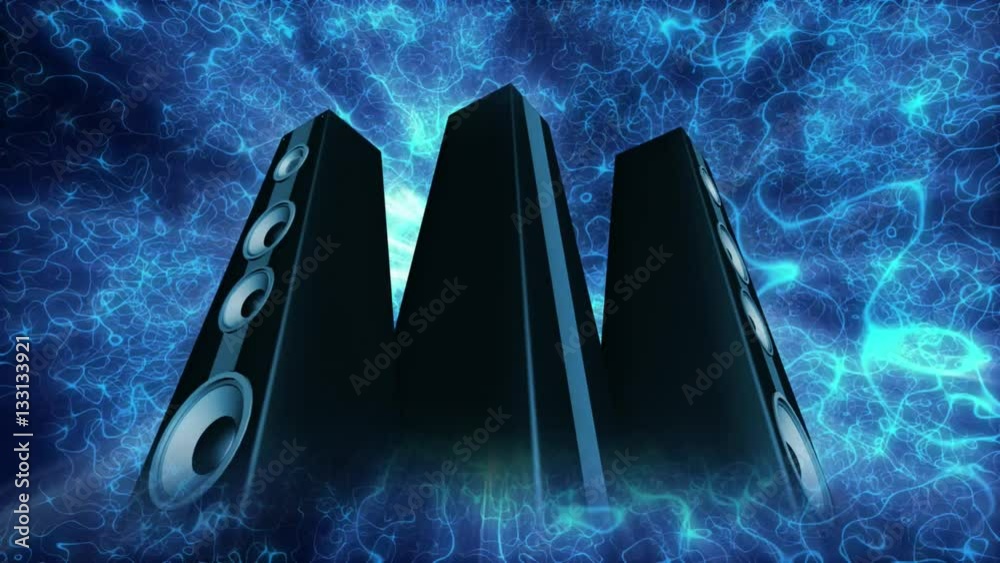 Three 3D Speakers spinning on blue particles background