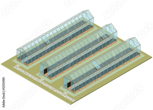 Isometric greenhouse with glass walls, foundations, gable roof, garden bed. Mass farm for growing plants. Vector Horticultural Conservatory for vegetables and flowers. Cultivate greenhouse gardening.