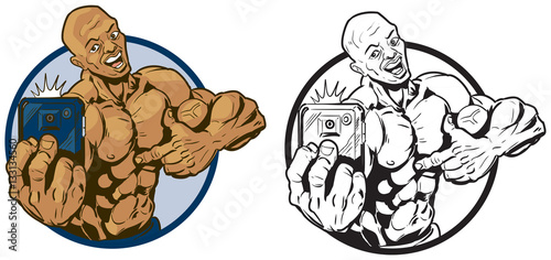 Muscular Black Man Taking Selfie Vector Illustration