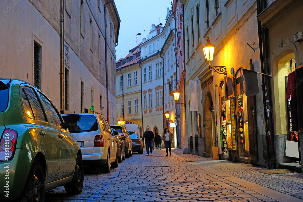Prague, Czechia - November, 21, 2016: Night street in a center of Prague