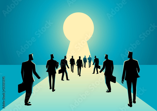 Businessmen walking into keyhole with bright light