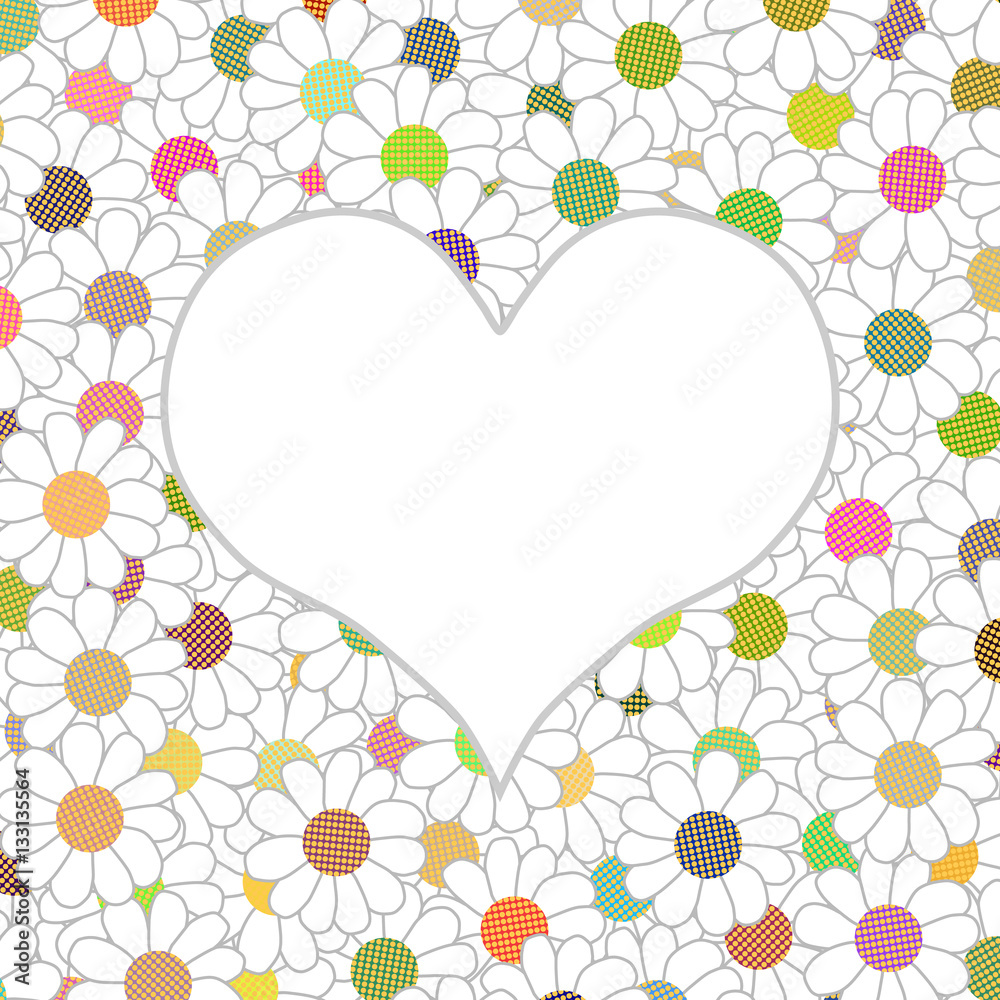 White heart on a beautiful background with multicolored flowers White heart on a beautiful background with multicolored flowers