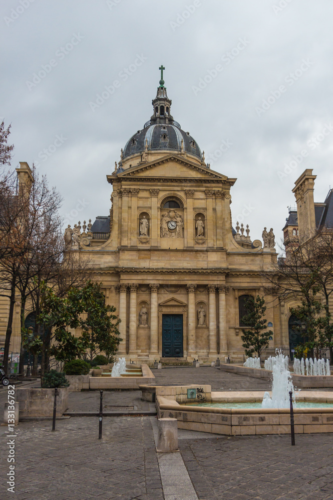 PARIS, FRANCE - DECEMBER 25, 2015: Sorbonne square and Sorbonne edifice. 