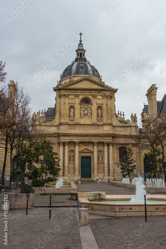 PARIS, FRANCE - DECEMBER 25, 2015: Sorbonne square and Sorbonne edifice. 