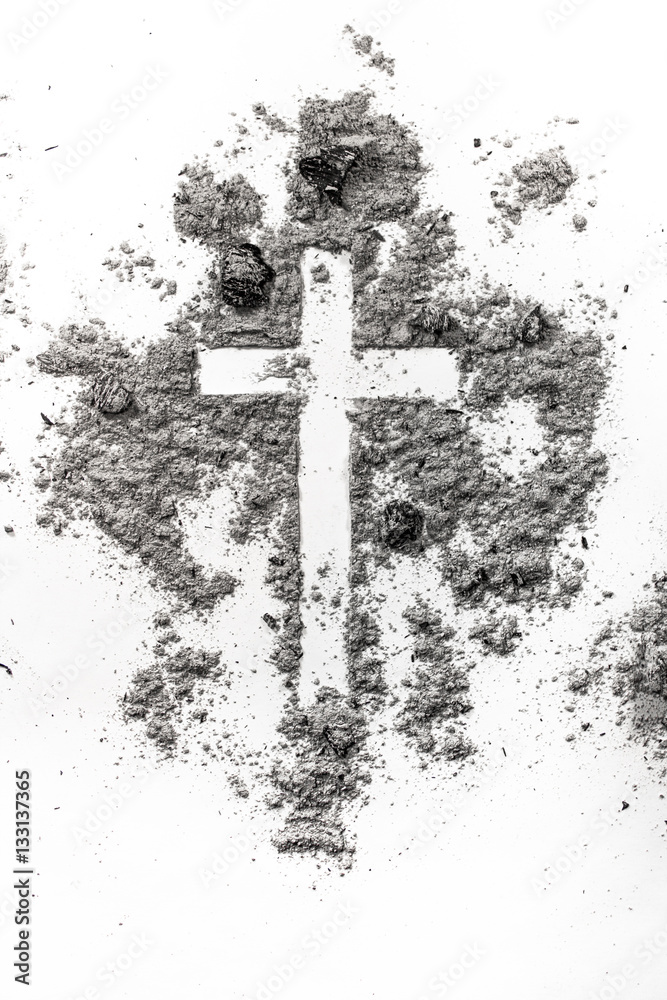Christian cross made in ash, dust as religion concept background
