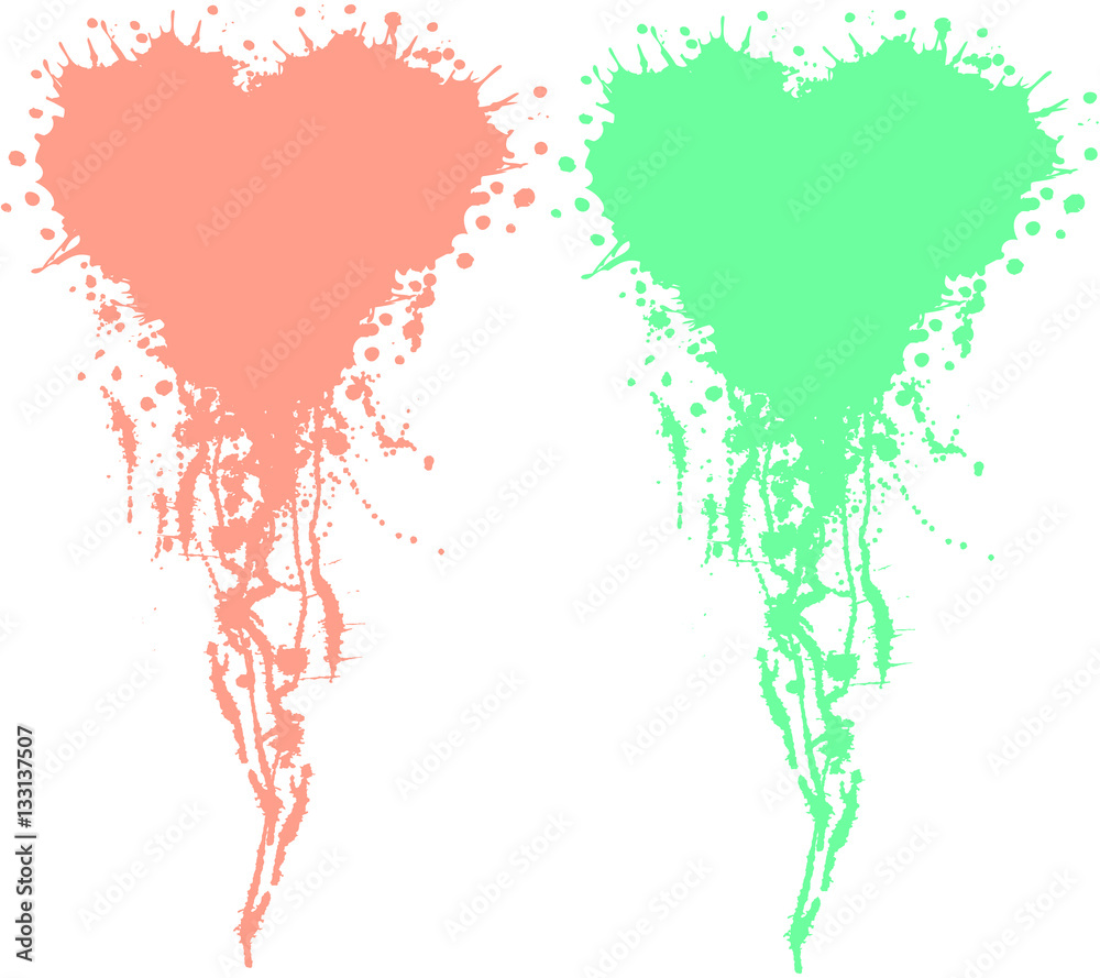 Vector hand drawn hearts. Artistic creative pink and green graphic illustration with inc splash, blots and smudge isolated on the white background. Vector hand drawn hearts. Artistic creative pink and green graphic illustration with inc splash, blots and smudge isolated on the white background.