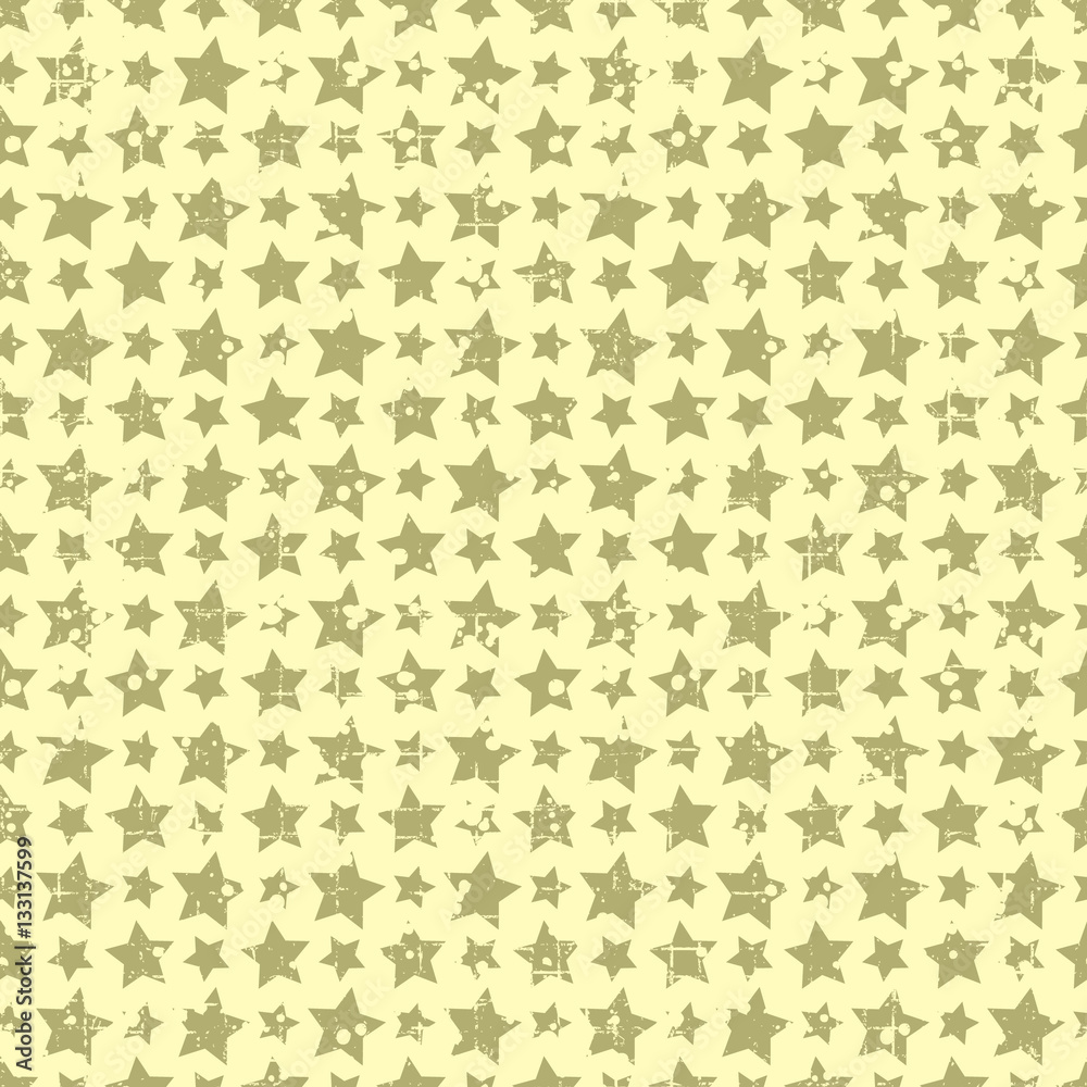 Seamless vector pattern. Yellow geometric background with stars Grunge texture with attrition, cracks and ambrosia. Old style vintage design. Graphic illustration.