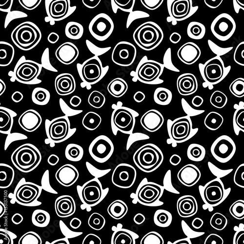 Vector seamless decorative pattern with hand drawn fish. Black and white background. Template for wrapping, fabric, cover. Series of hand drawn decorative seamless patterns.