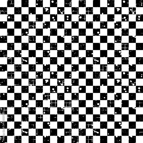 Seamless vector pattern. Black, white geometric checkered brown background with squares. Grunge texture with attrition, cracks and ambrosia. Old style vintage design. Graphic illustration.