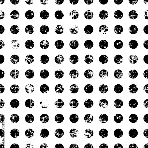 Seamless vector dotted pattern. Black and white geometric background with circles. Grunge texture with attrition, cracks and ambrosia. Old style vintage design. Graphic illustration.
