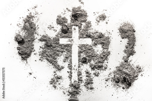 Christian cross, crucifix symbol in ash, dust. Ash Wednesday con