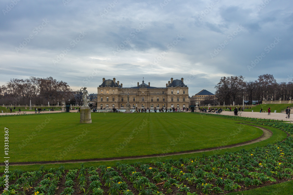 Luxembourg gardens (Le Jardin du Luxembourg) and palace in december, Paris, France
