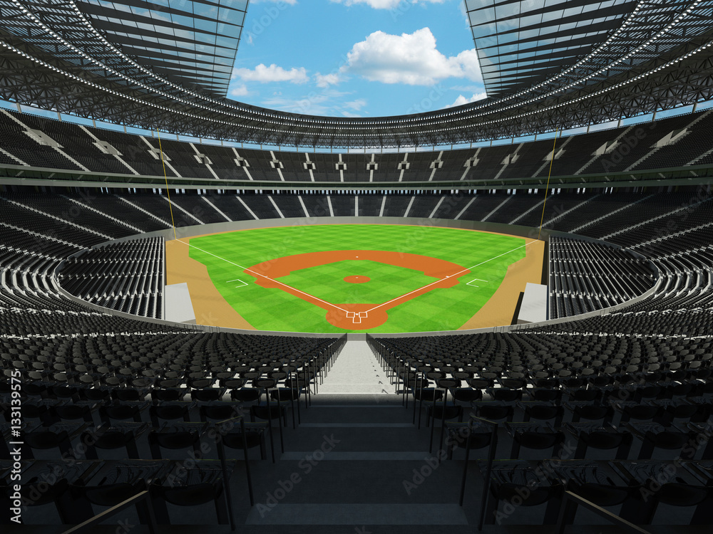 3D render of baseball stadium with black seats and VIP boxes