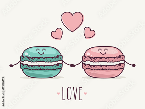 Two Cute Macaron Characters in Love. Hand Drawn Vector Illustration.