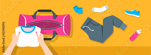 Fitness flat vector background. Woman puts stuff for gym physical training into sport bag. Top view horizontal banner. Workout clothes and shoes, water bottle. Healthy lifestyle concept. Simple design