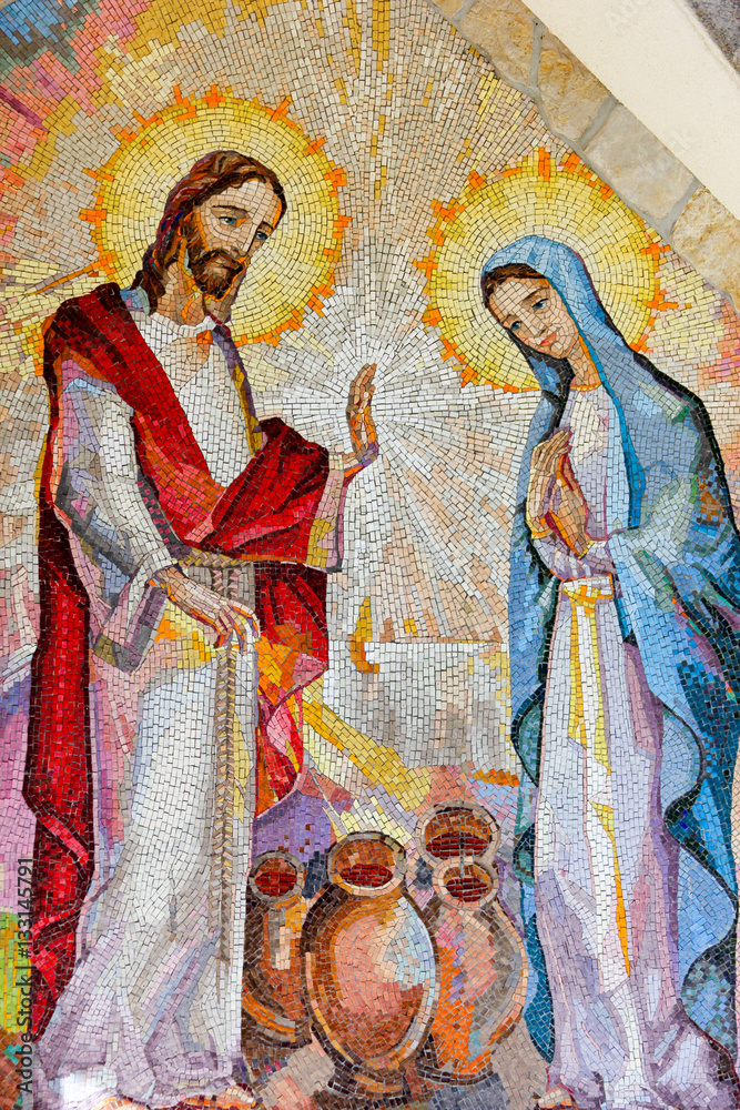 MEDJUGORJE, BOSNIA AND HERZEGOVINA, 2016/08/16. Mosaic of the wedding of Cana of Galilee where Jesus Christ worked his first miracle on the intercession of His Mother Mary. The second Luminous mystery