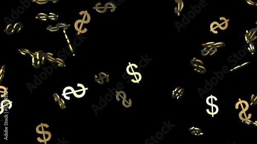 3D gold American dollar signs falling down with alpha channel