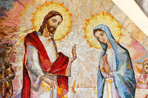 MEDJUGORJE, BOSNIA AND HERZEGOVINA, 2016/08/16. Mosaic of the wedding of Cana of Galilee where Jesus Christ worked his first miracle on the intercession of His Mother Mary. The second Luminous mystery