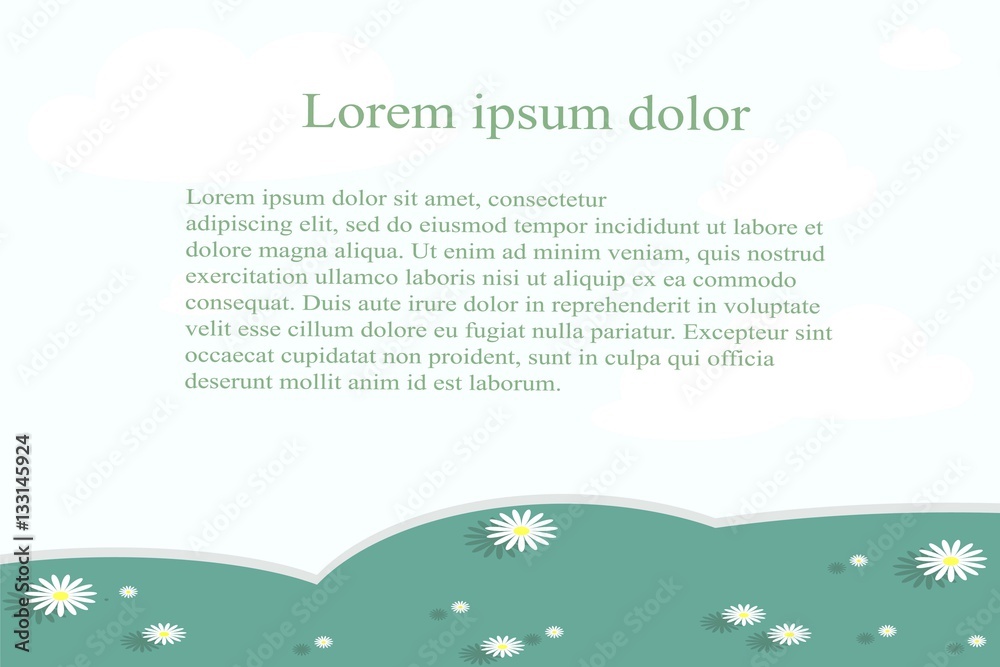 Background with landscape below on white. Green hills, valley with white daisies lorem ipsum. Modern flat design, design element, vector