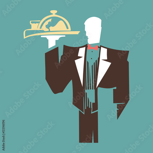 Silhouette of standing waiter holds a tray.