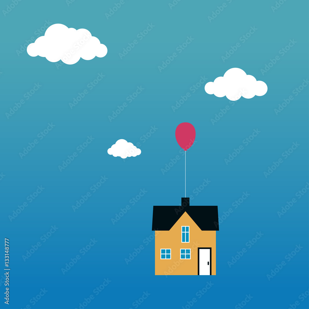 Flying house Vector illustration Small house rising into the sky on balloon  Flat design Stock Vector | Adobe Stock