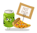 Cute pizza slice and soda can cartoon character isolated on white background vector illustration. Funny fast food menu emoticon face icon. Happy smile cartoon face food, comical pizza and drink mascot
