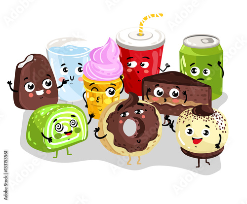 Cute sweet food and drink cartoon character set isolated on white background vector illustration. Funny cake  donut  ice cream  cola soda  lemonade emoticon face icon. Happy cartoon comical face food