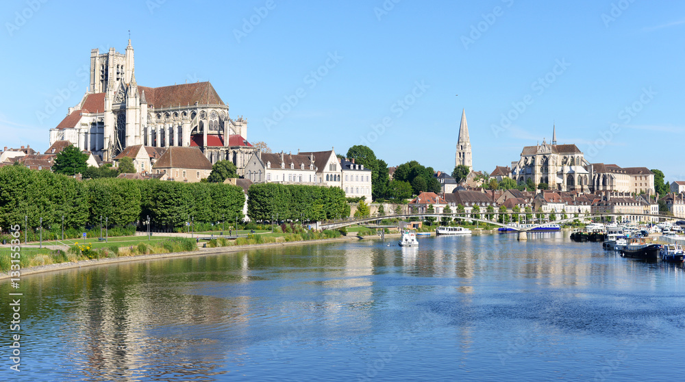 Abbey and churches in Auxerre at the river Yonne, capital of Burgundy in France, Europe