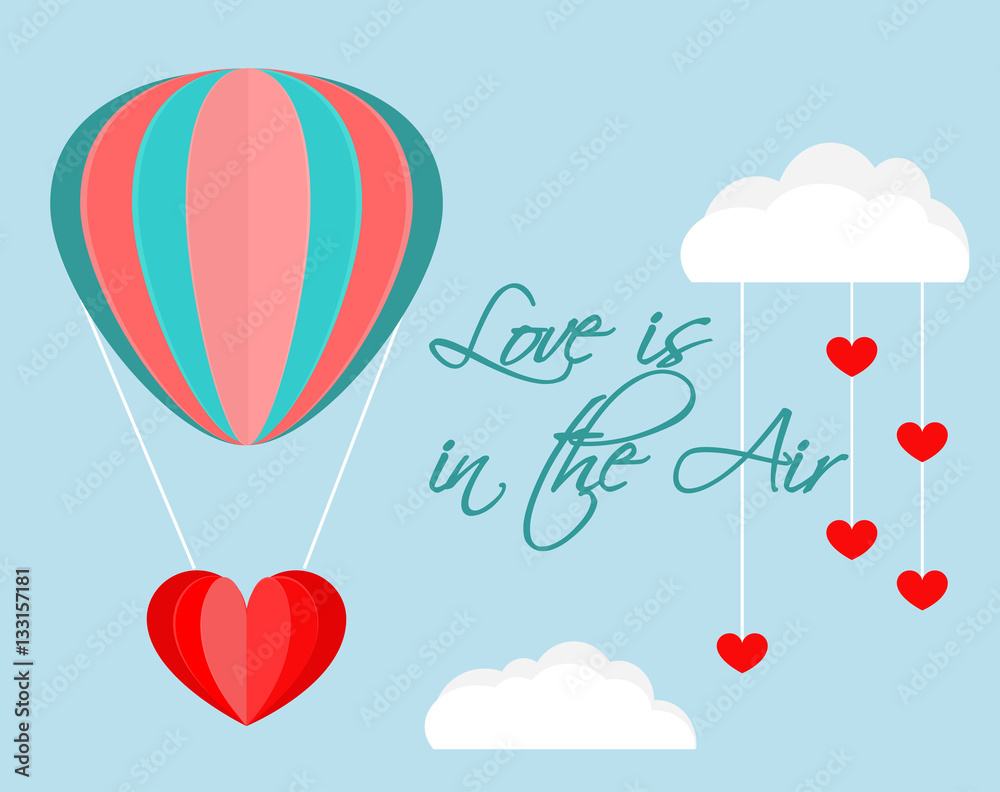 Paper cut out balloon and clouds vector. Love is in the air handwriting  lettering. Romantic love background. Stock Vector | Adobe Stock